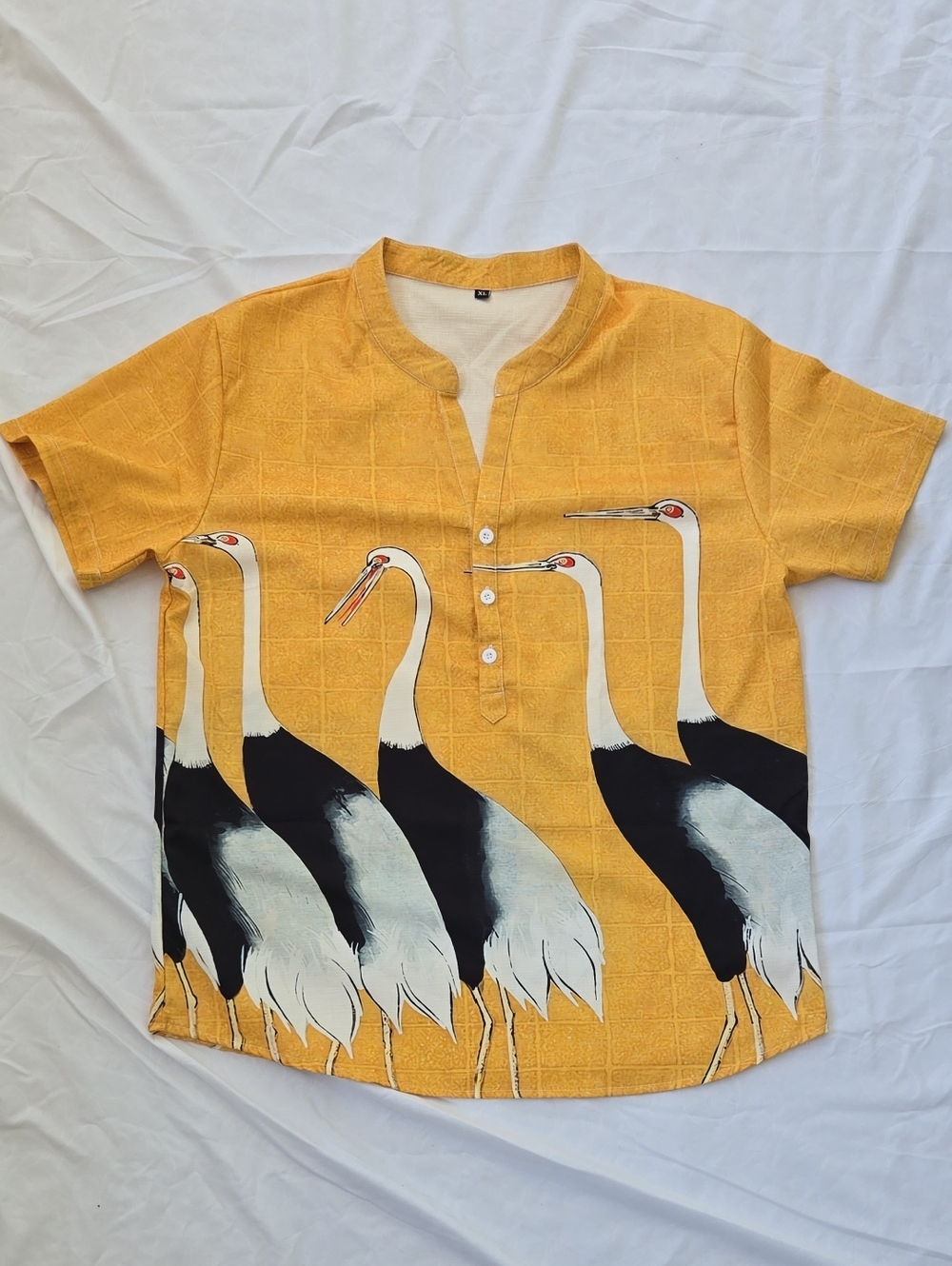 Men's Artsy Shirt Yellow Exotic Birds Big Print Front&Back Round Collar 3 Button